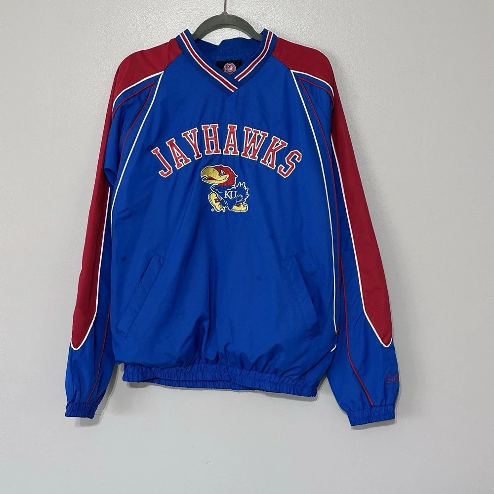 Kansas Jayhawks Jacket Mens L Blue Red NCAA Basketball‎ Pullover Carl Banks KU